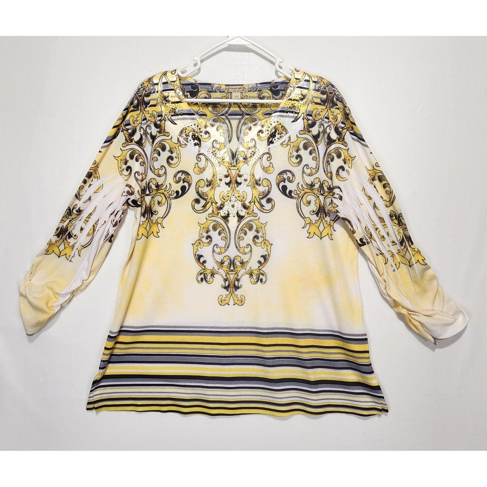 Energe Women's Dressy Rhinestone Paisley Y2K‎ Top Yellow Size XL